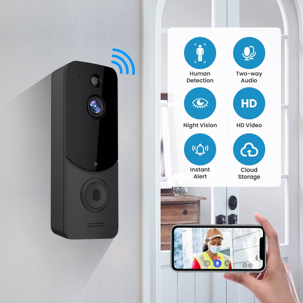 Wireless Doorbell Camera with Smart Chime, AI Smart Human Detection, Cloud Storage, HD Live Image, 2-Way Audio, Night Vision, 2.4G Wifi Compatible, Battery Powered