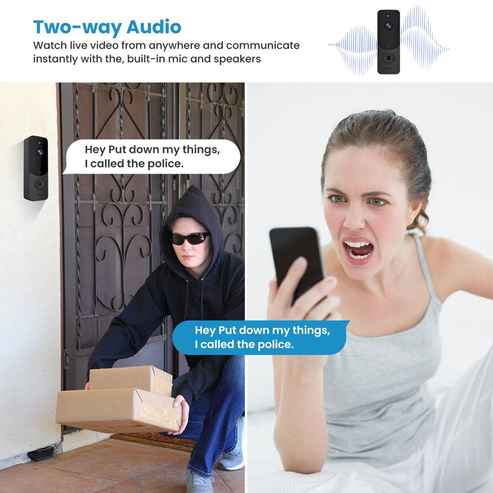 Wireless Doorbell Camera with Smart Chime, AI Smart Human Detection, Cloud Storage, HD Live Image, 2-Way Audio, Night Vision, 2.4G Wifi Compatible, Battery Powered